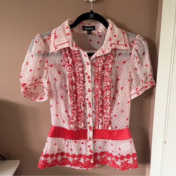 NWT Vintage Y2K Bebe Pink & White Ruffle Sheer Short Sleeve Blouse - Picture 1 of 7